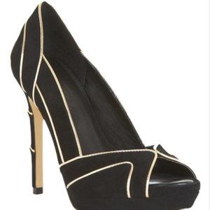 BCBG Maxazria Black and Gold Peep Toe Pumps